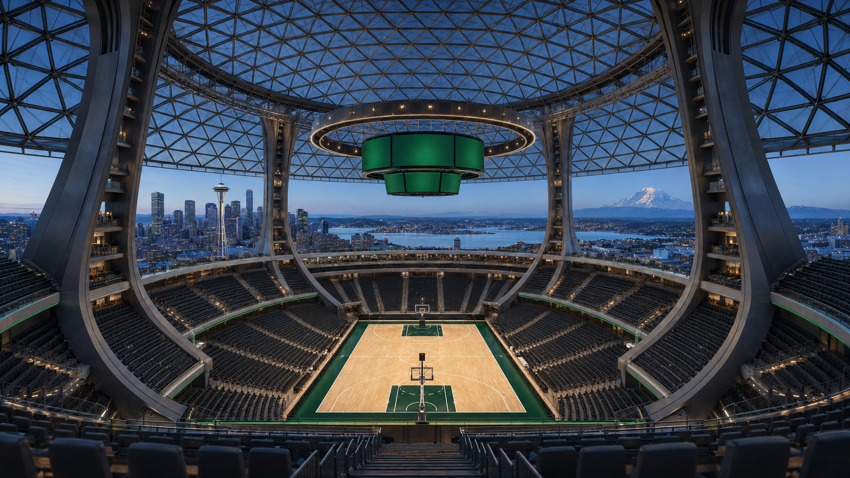 Interior architectural view of the elevated SOAR arena with a basketball court, four structural arches, panoramic Seattle skyline, blue water, and Mount Rainier
